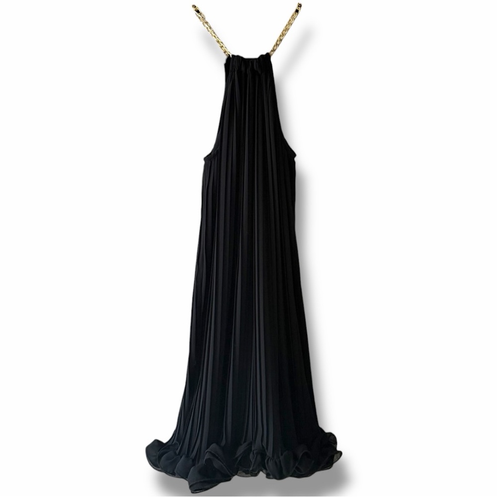 Rinascimento Made in Italy Pleated Gold Chain Halter Ruffled Mini Dress Small